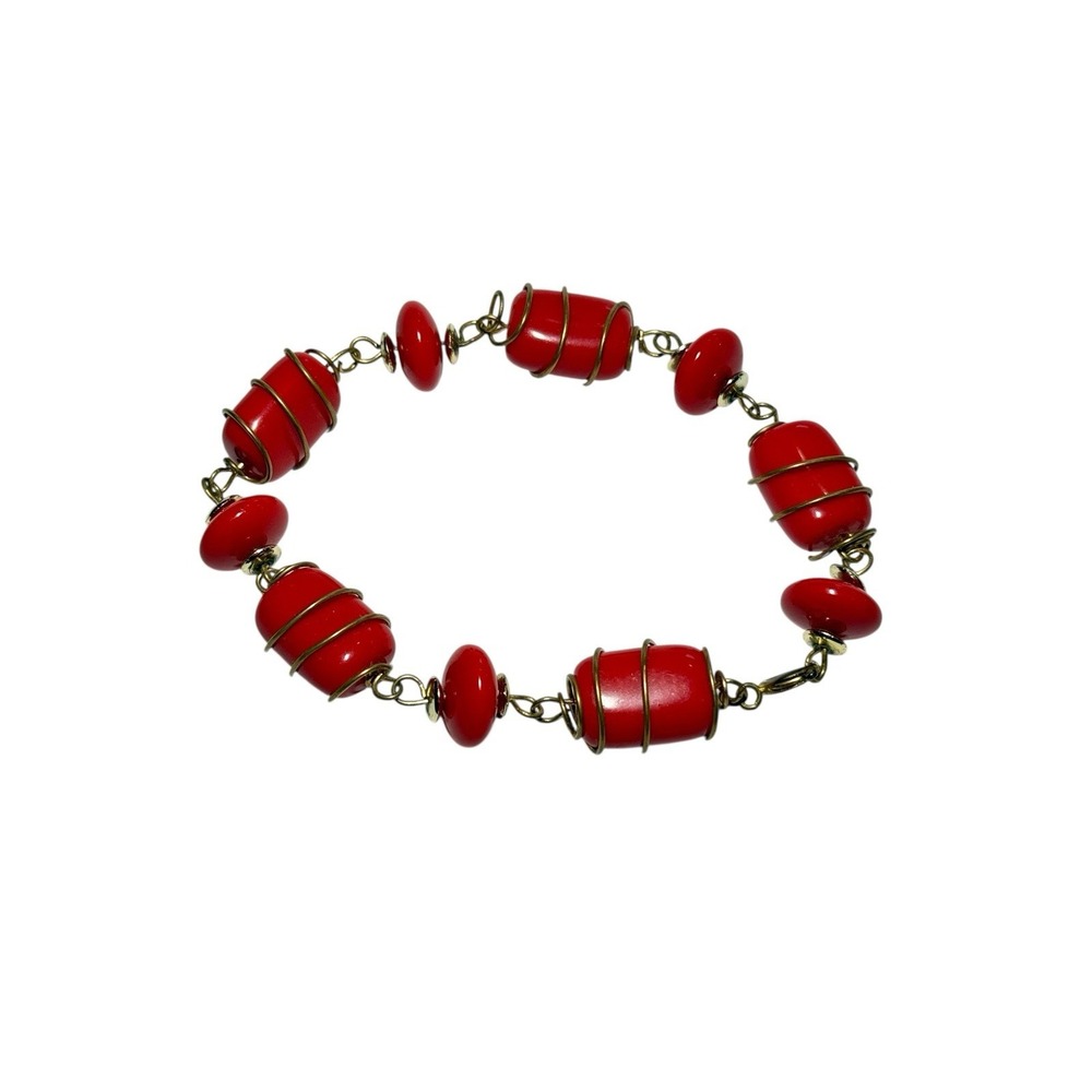 Vtg Red Bead Wire Wrapped Bracelet Gold Tone Boho Retro Statement Jewelry